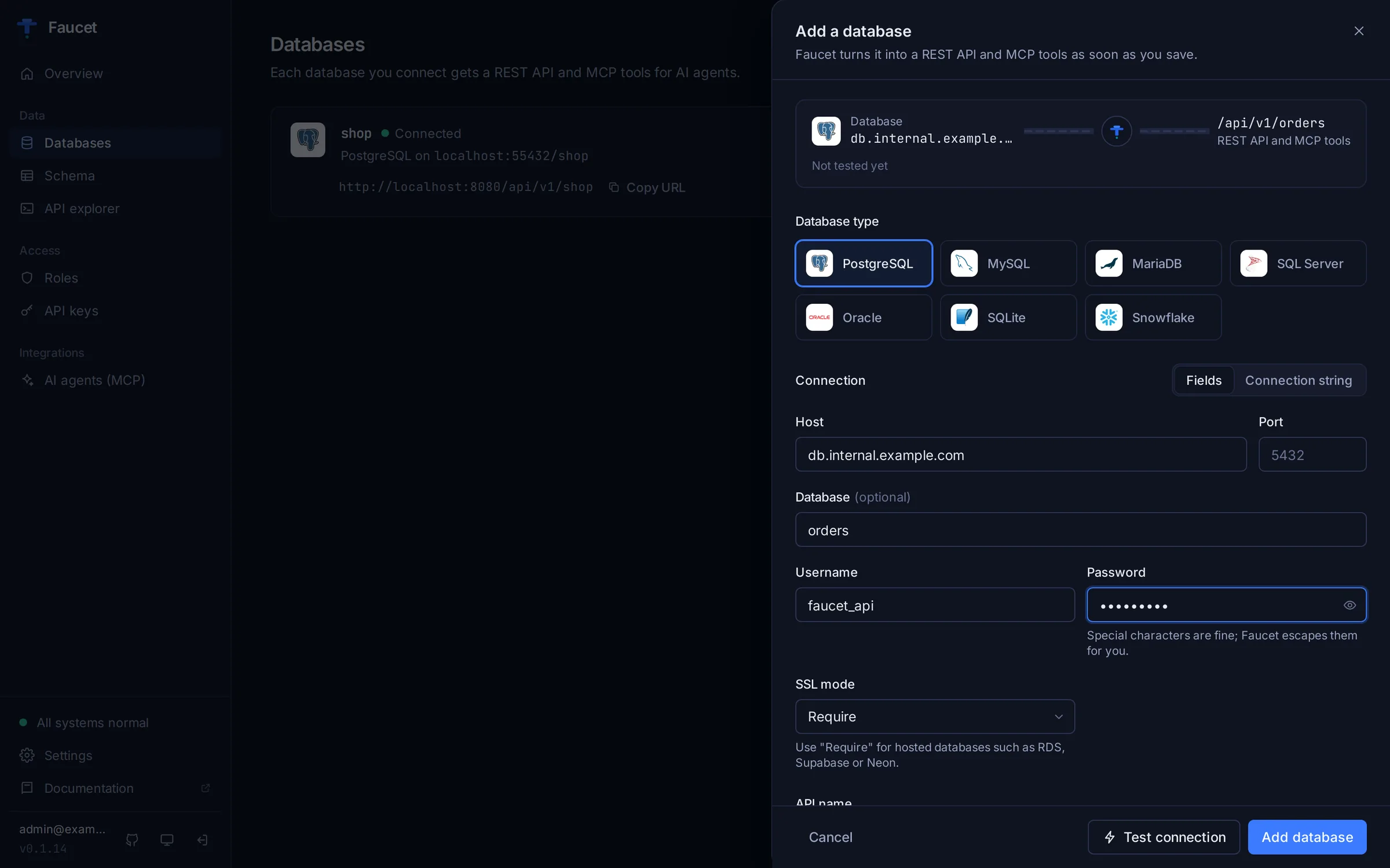 Adding a PostgreSQL database with host, port, database, username, password and SSL mode
