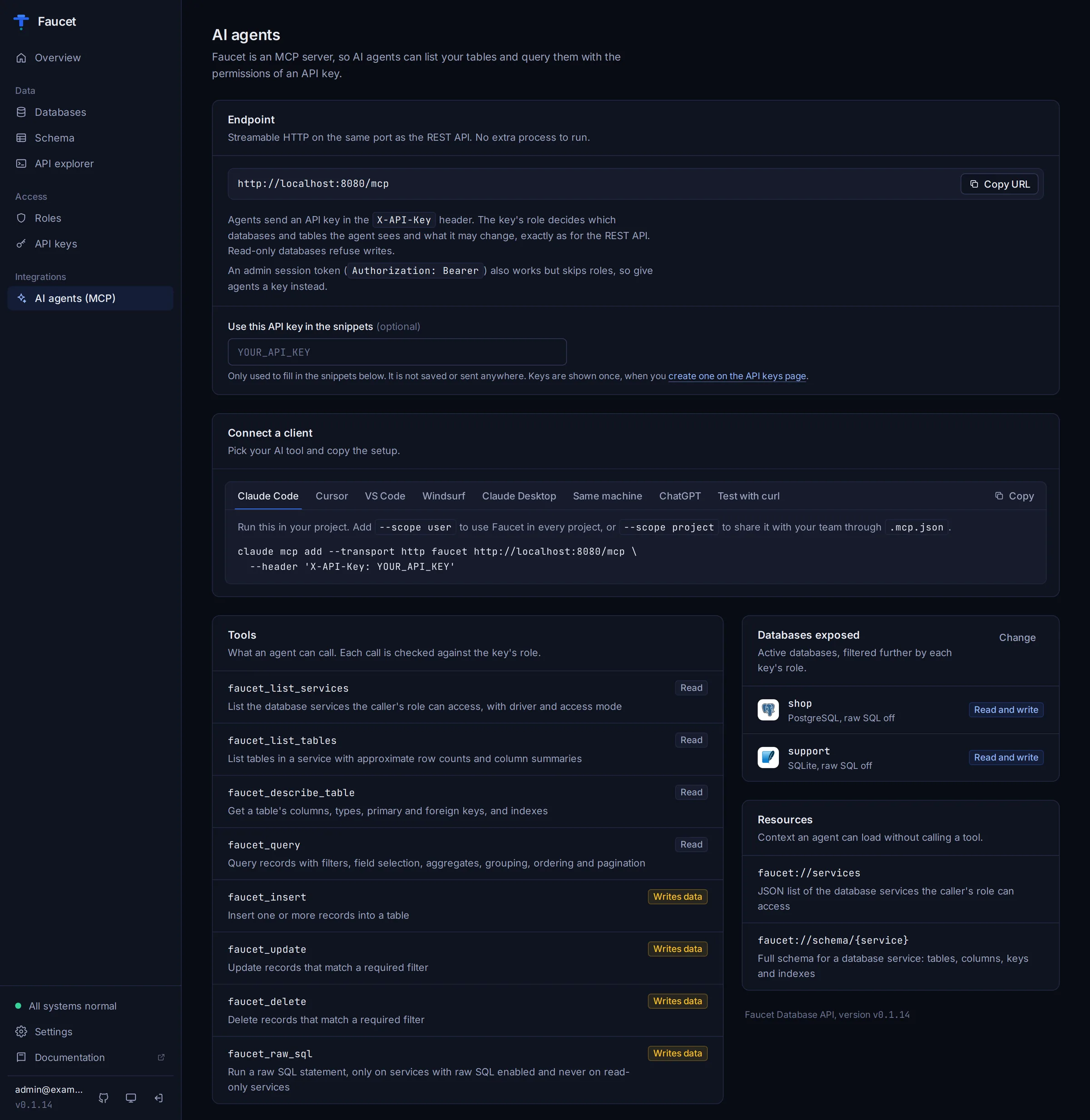 The AI agents page with client setup for Claude Code and the list of MCP tools