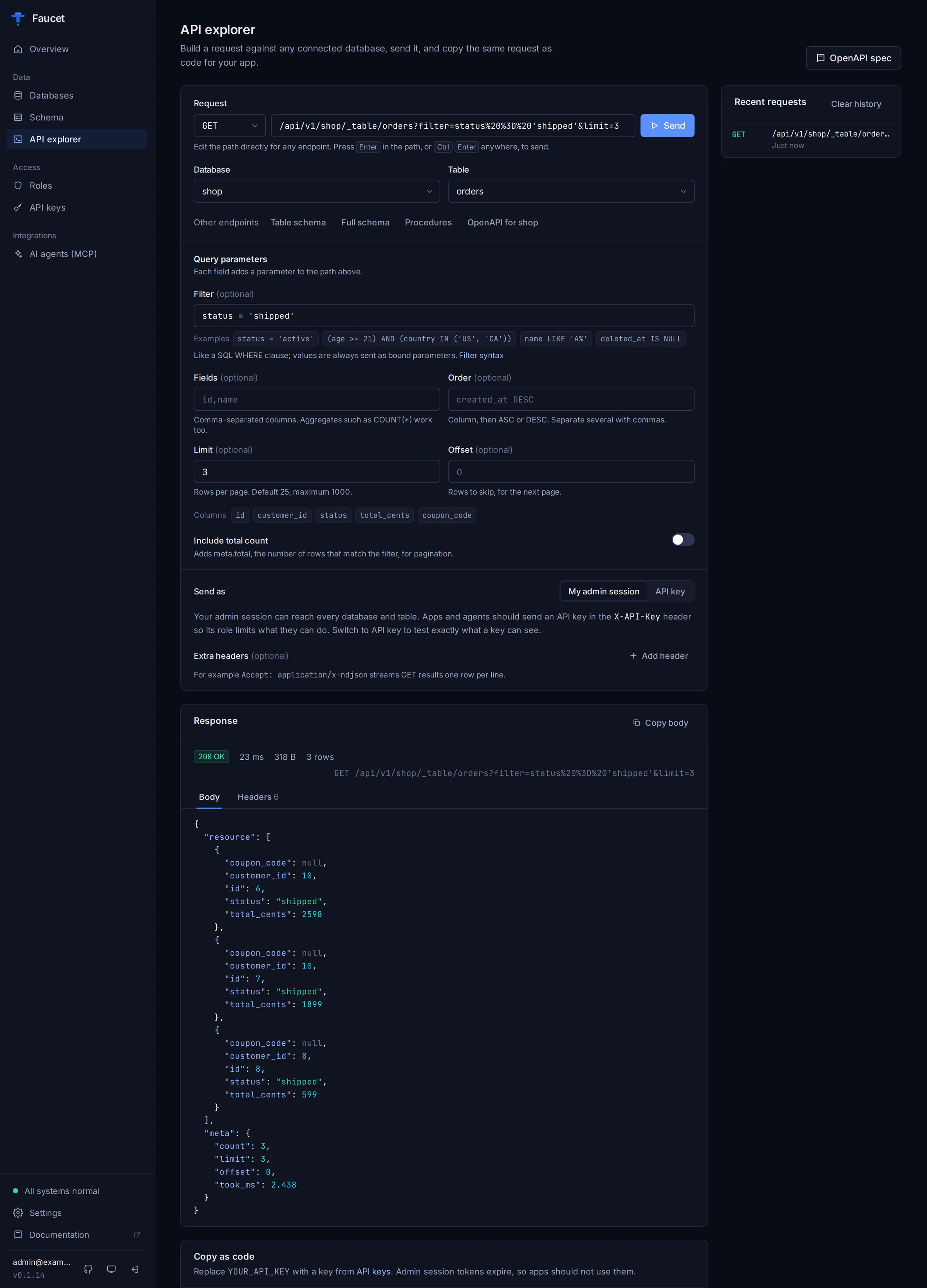 The API explorer filtering orders by status, with the JSON response and the request as curl
