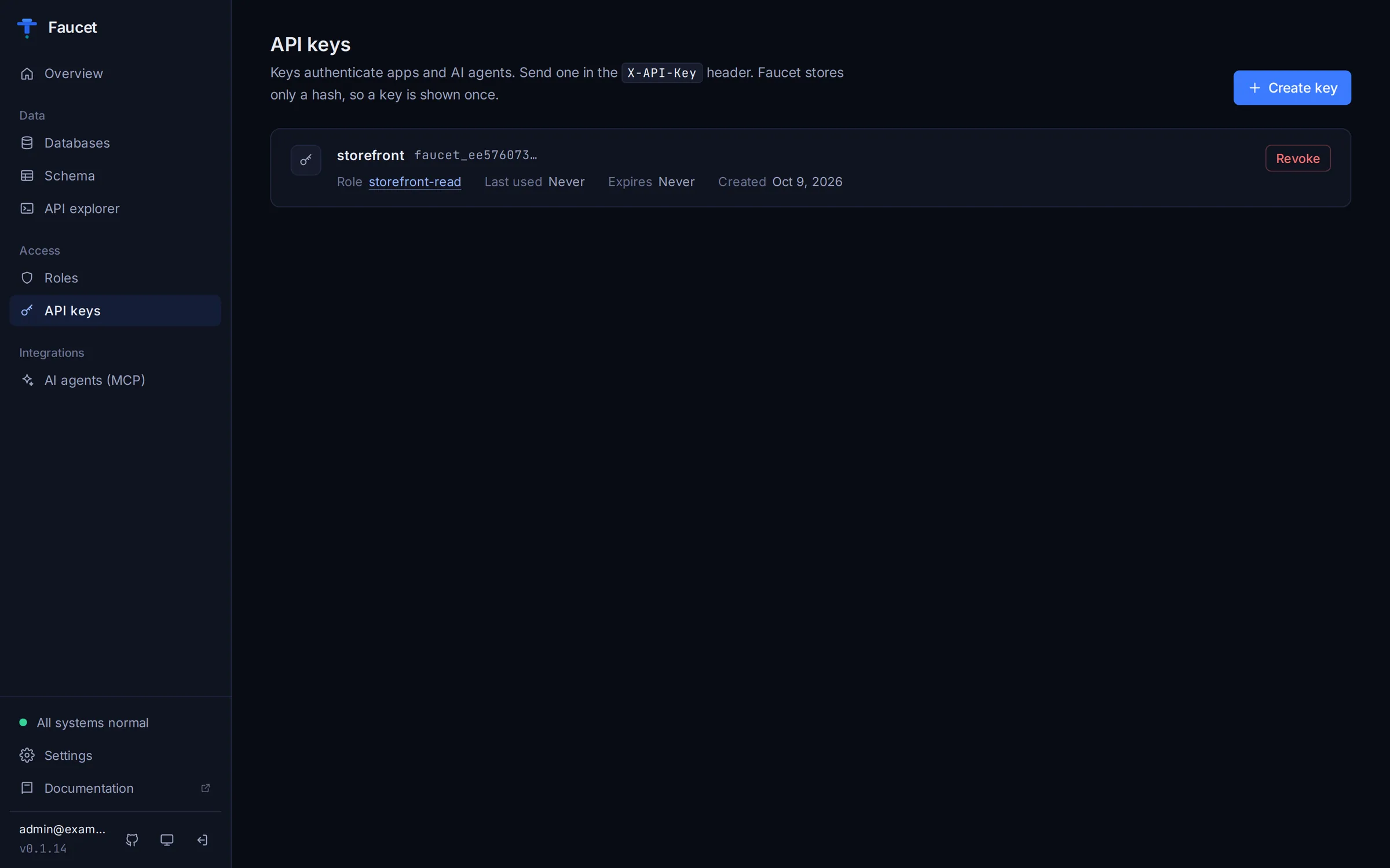 The API keys page