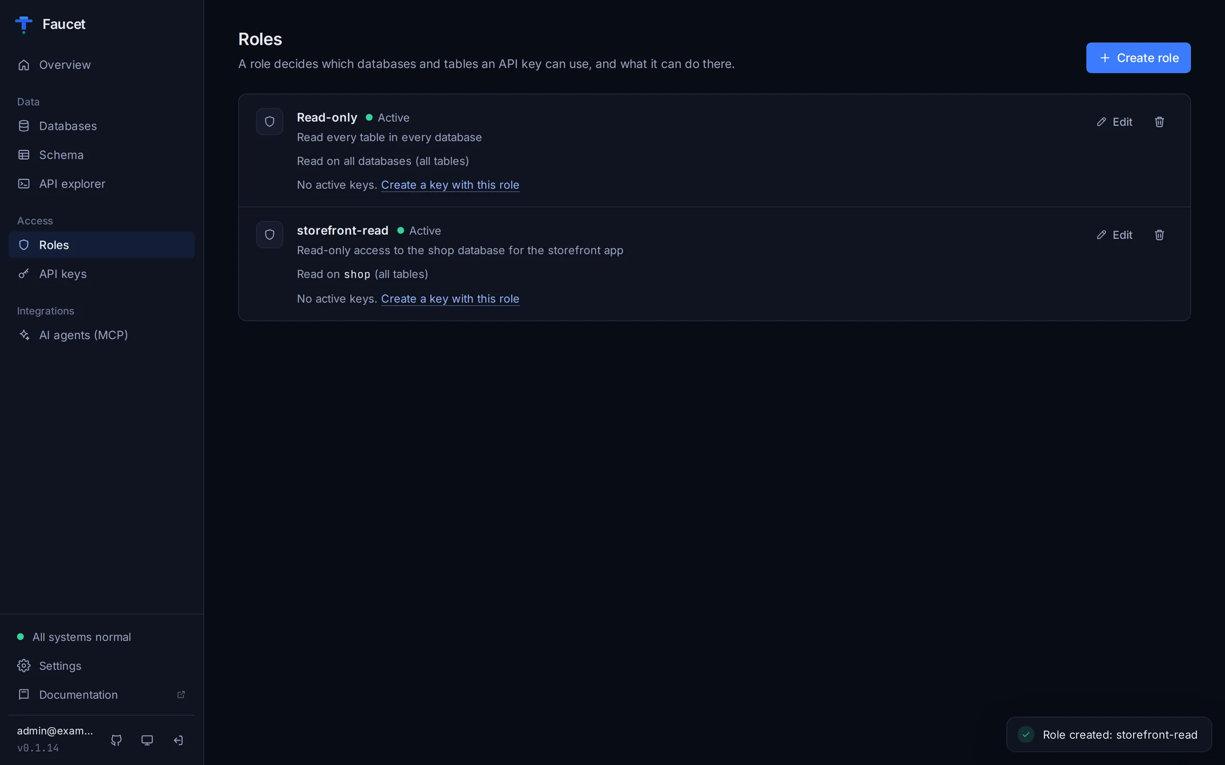The Roles page with two roles