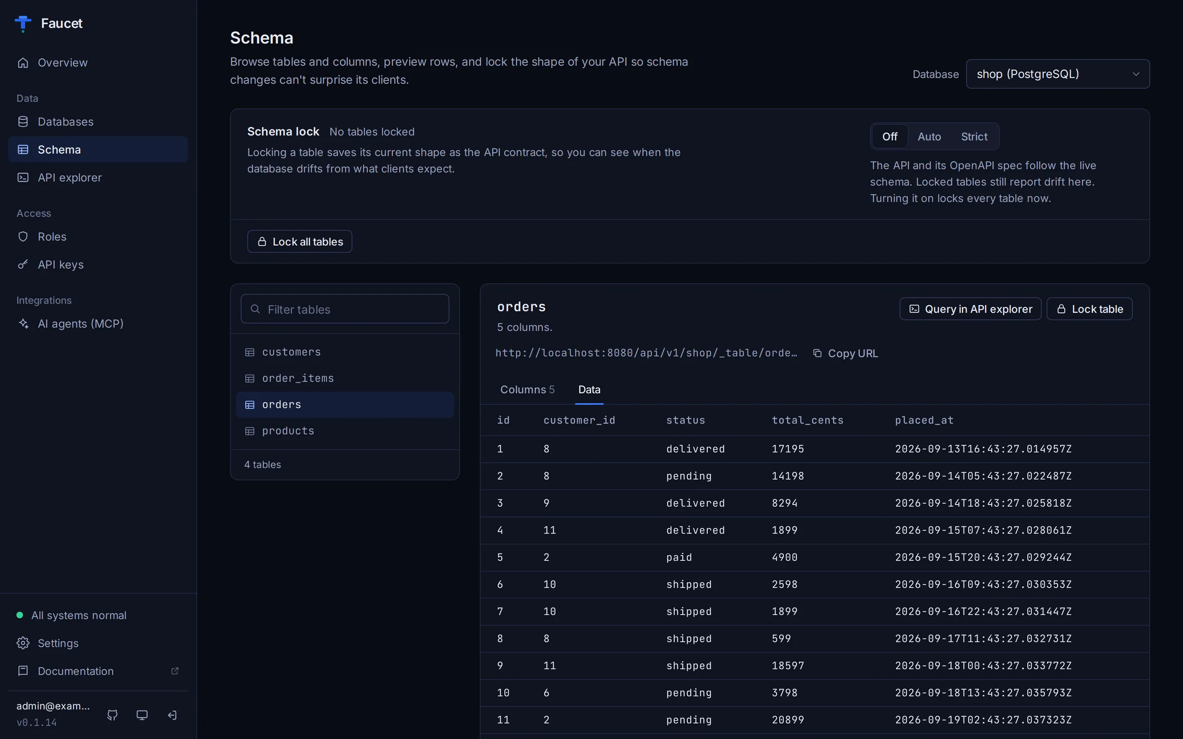 The Data tab previewing the customers table