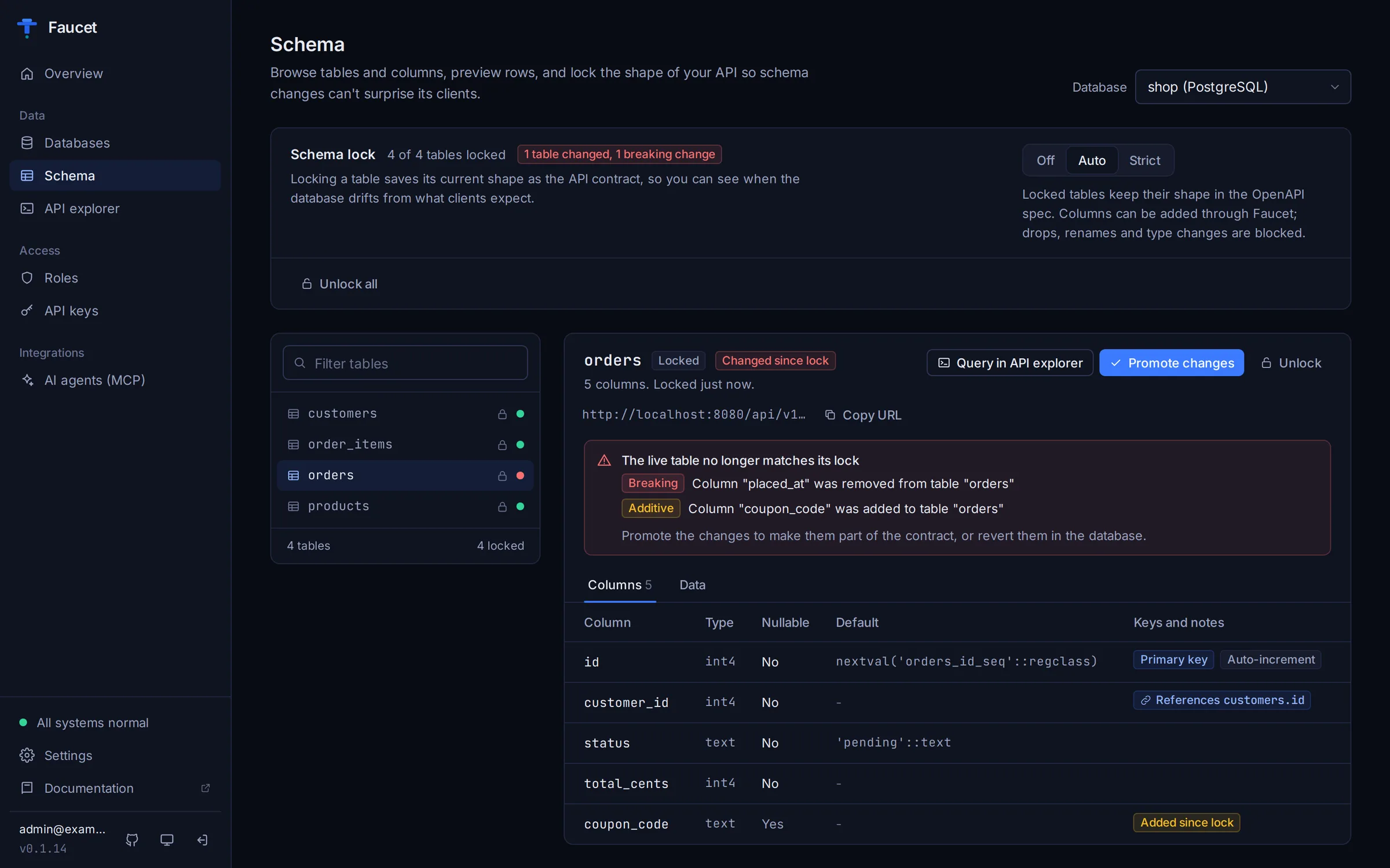 A locked orders table where one column was dropped (breaking) and one was added (additive)