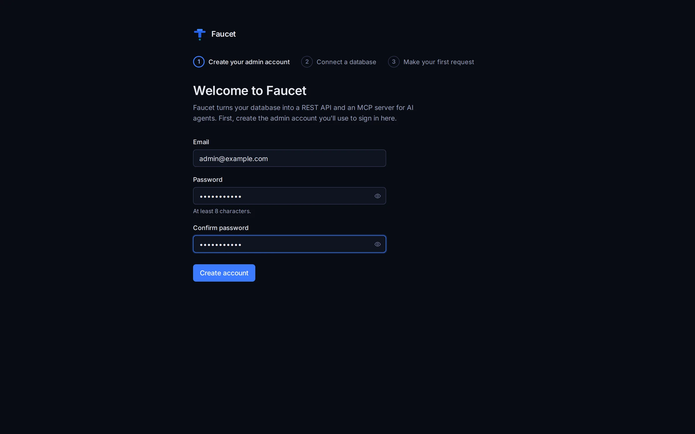 Setup step 1: create your admin account
