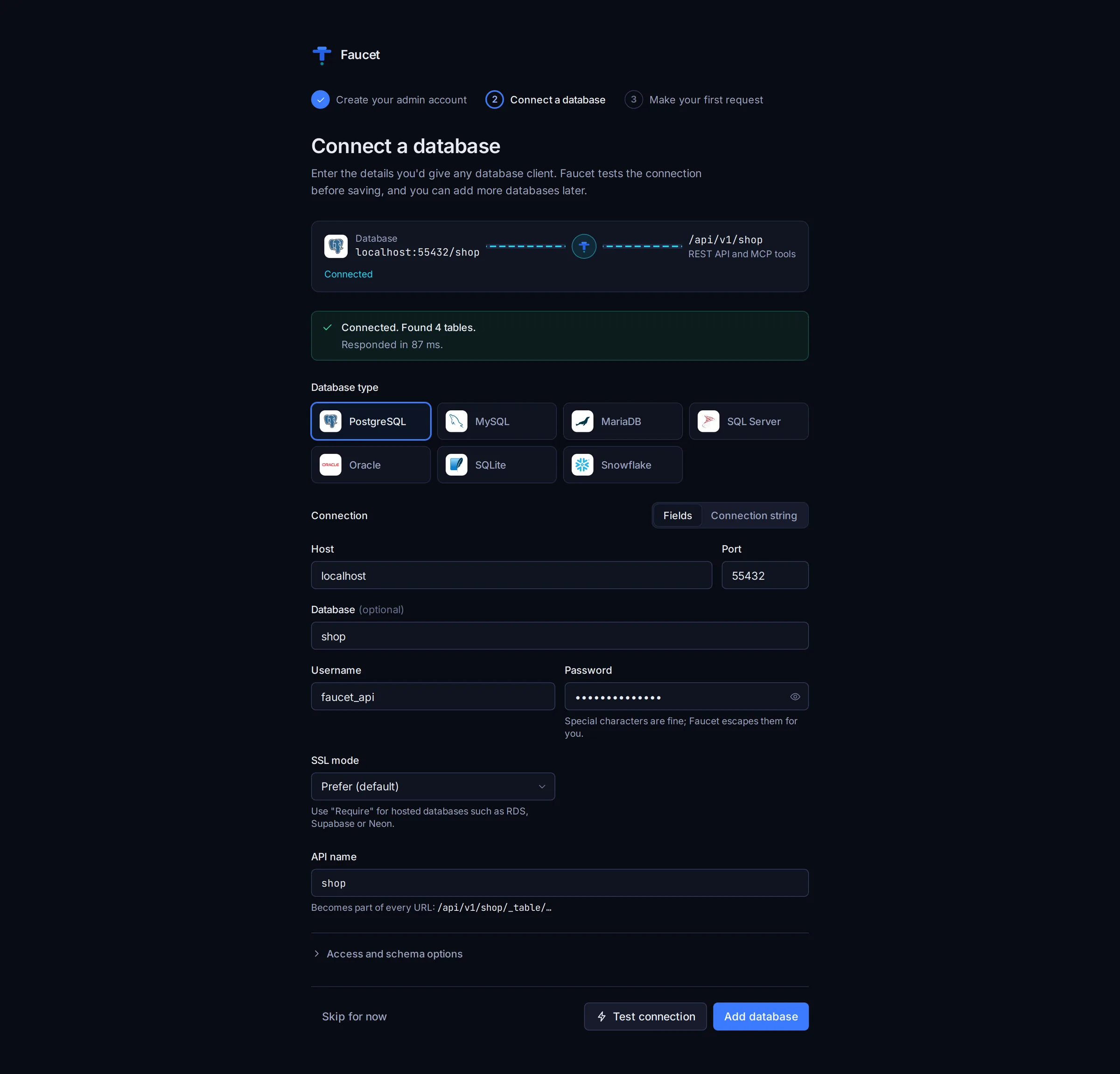 Setup step 2: a PostgreSQL database connected and tested, with 4 tables found
